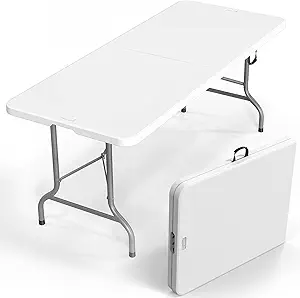 VINGLI 6 Foot Plastic Folding Table Portable Long Table for Indoor Outdoor Use Rectangular with Carrying Handle, Smooth HDPE Tabletop, White