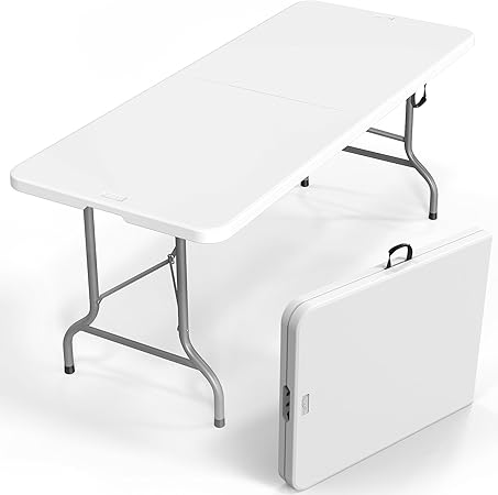VINGLI 6 Foot Plastic Folding Table Portable Long Table for Indoor Outdoor Use Rectangular with Carrying Handle, Smooth HDPE Tabletop, White