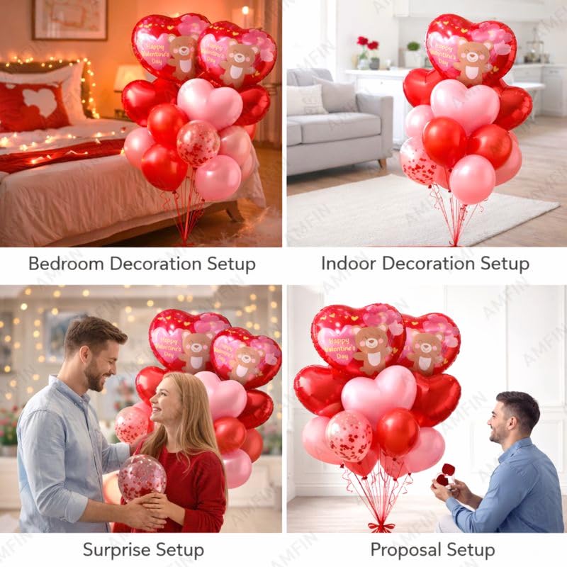 Image of AMFIN (Pack of 14) Happy Valentine's Day Balloon Decoration Set | Romantic Heart Foil Bouquet Metallic Helium Bunch Proposal Anniversary Celebration Party Decor - Red Teddy