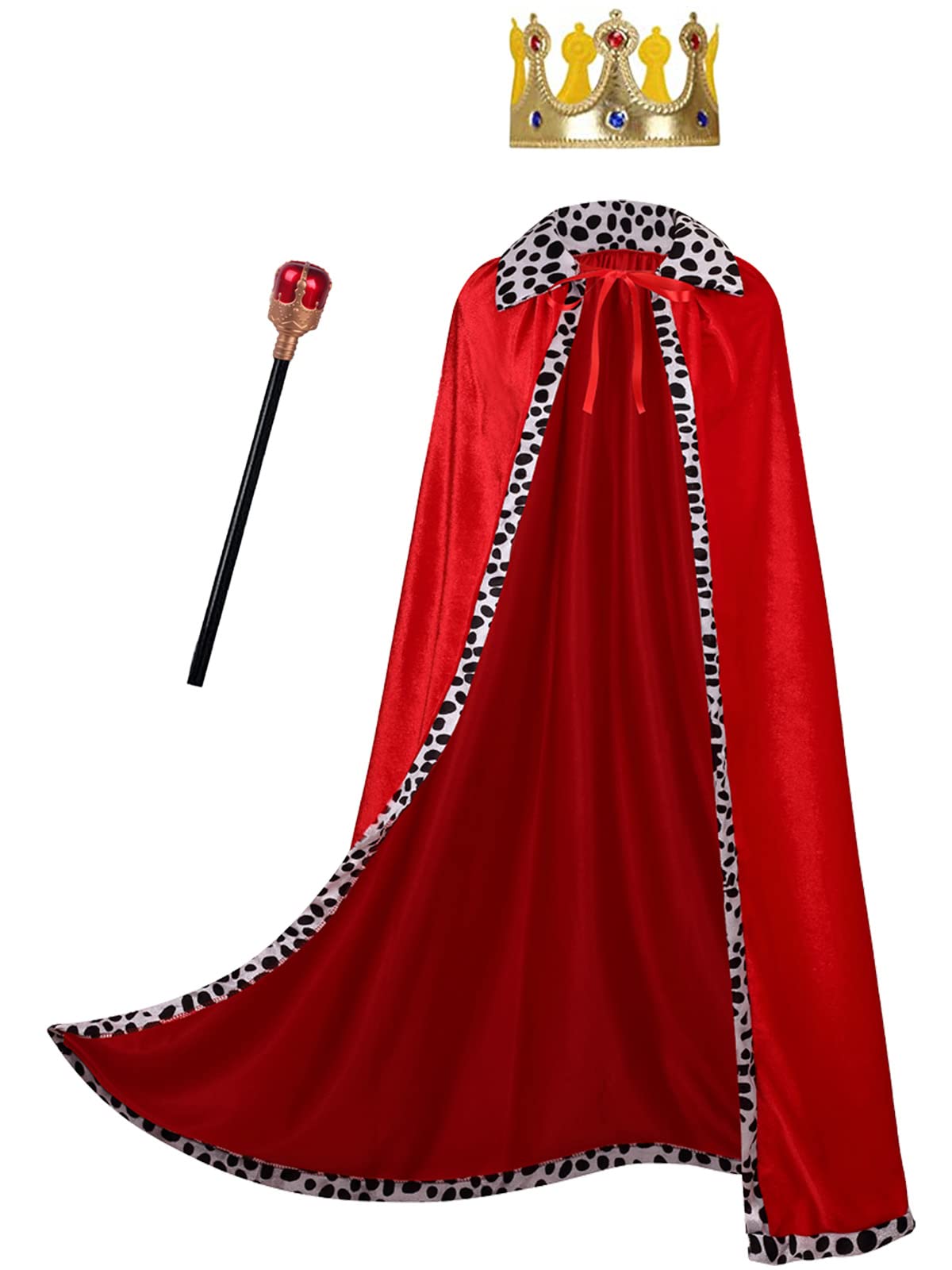 DELIVESS Adult Velvet Robe, Crown, and Scepter with Eternal Palace Style King's Costume Cloak 3PCS Set(47", Red)