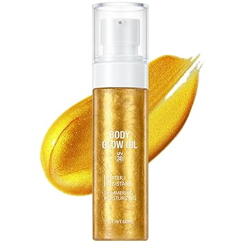 Body Glow Oil Shimmering Body Oil SPF 30 Shimmer Sunscreen Long Lasting Waterproof Liquid Illuminator Makeup-60 ml, Gold