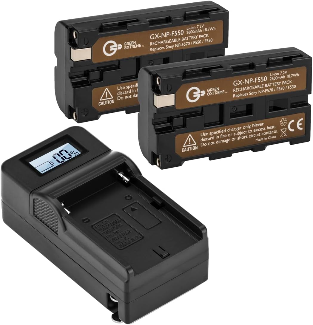 Green Extreme 2X NP-F550 7.2V 18.72Wh Batteries, Bundle with Smart Charger Base, Plate