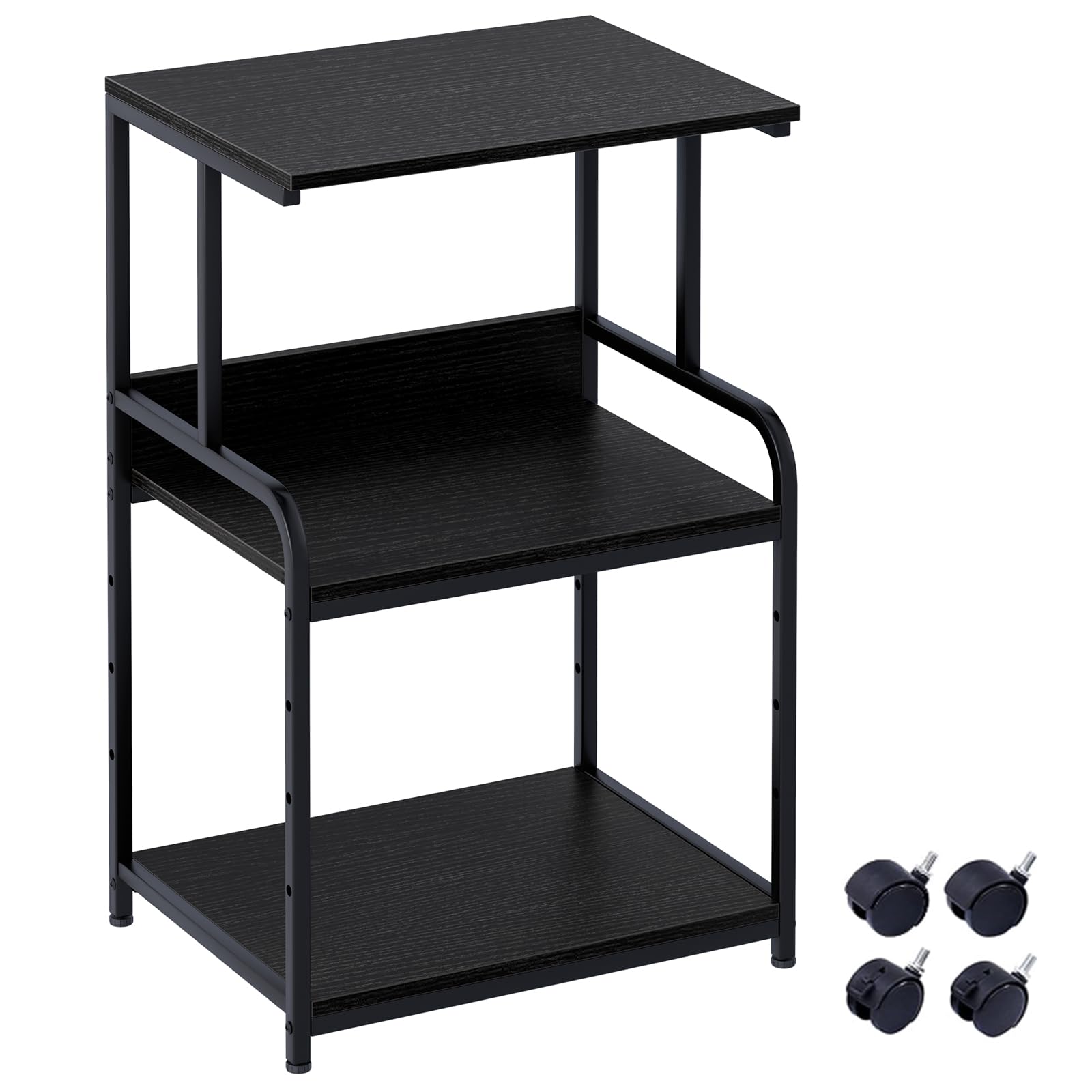 3-Tier Printer Stand, Large Printer Table on Wheels, Movable Printer Stand with Storage, Rolling Printer Cart for Fax Scanner Files Media Player, Multifunctional Trolley for Office Home Kitchen, Black