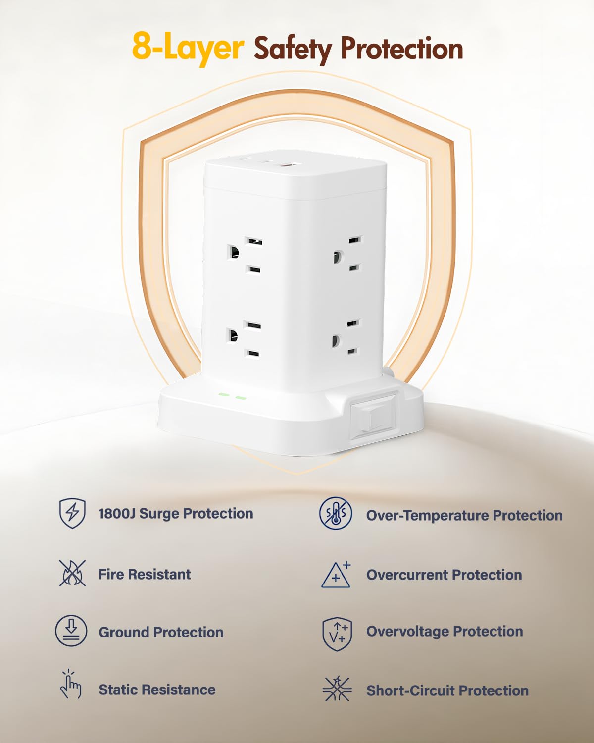 Torre multipresa 11 in 1 con protezione da sovratensioni 1800J, torre di ricarica rapida PD20W Porte USB-C con 8 prese AC, cavo di prolunga da 1,8 m per ufficio in