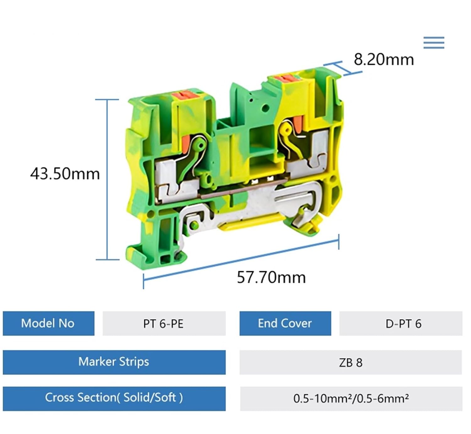 10Pcs Din Rail PE Terminal Block Ground Spring Feed Through Connection Push in Screwless Wire Conductor PT6-PE