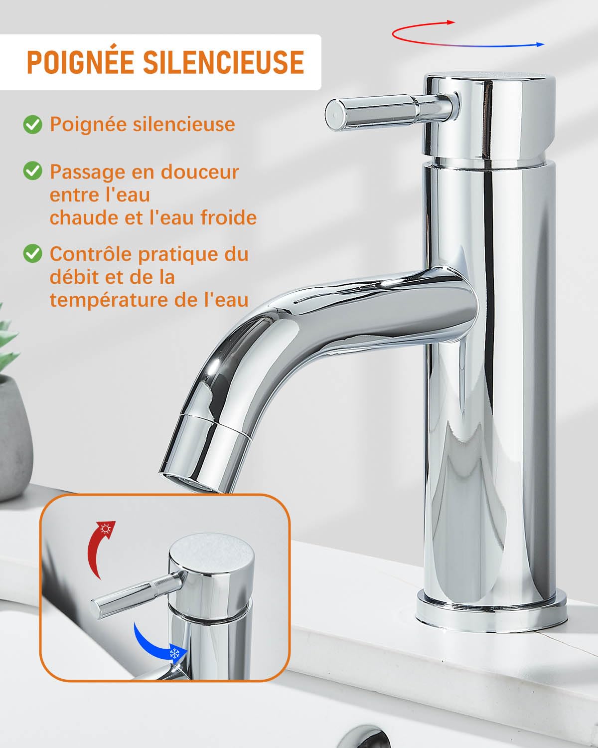 Mitigeur de Lavabo, Mitigeur Lavabo à Bec Coudé, Robinet de Lavabo Réglable Chaud et Froid, Robinet Salle de Bain Monocommande，Chromé