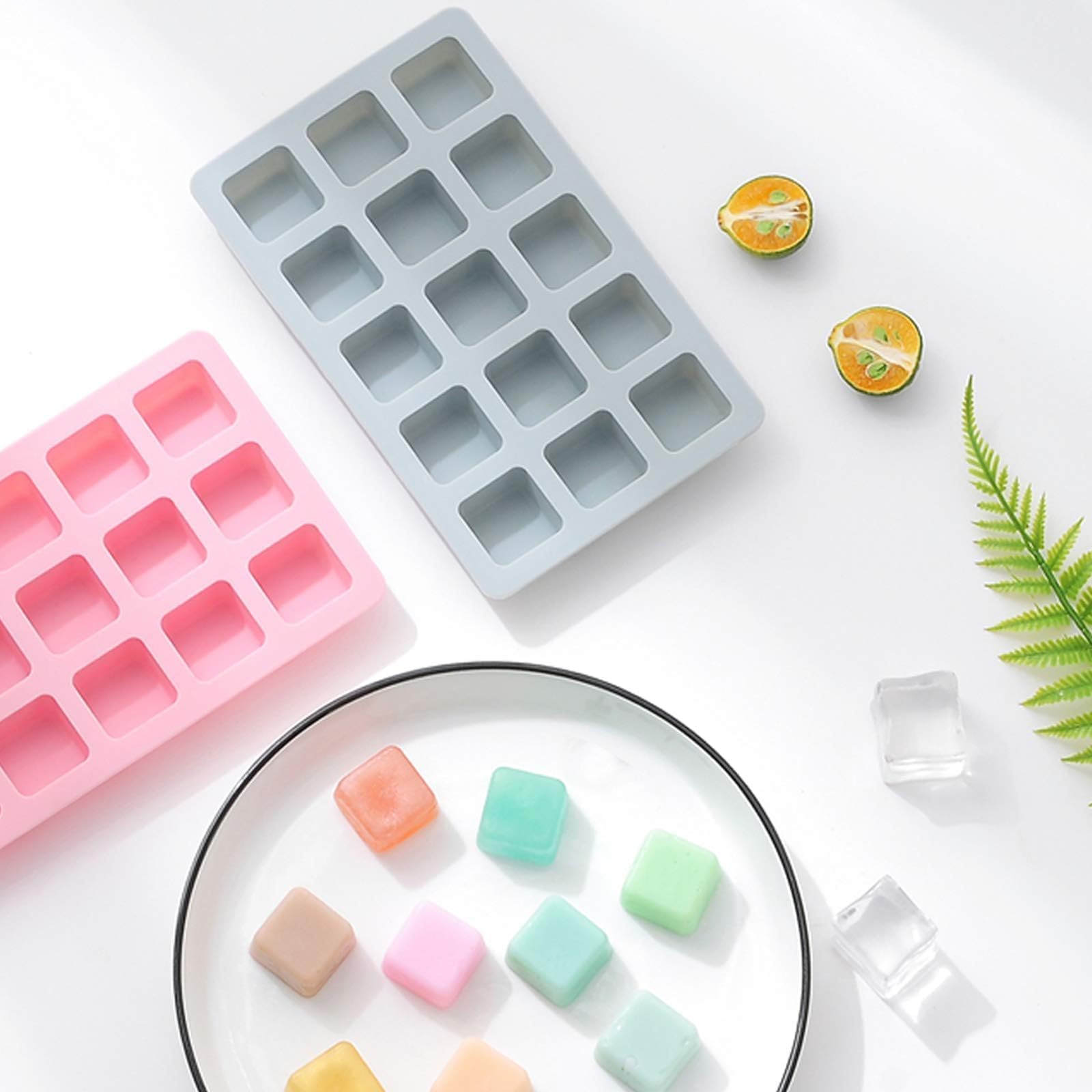 Set di 3 stampi in silicone per caramelle e cioccolato, antiaderenti, inclusi cuore, rotondo, quadrato, per caramelle, gommose, caramello caldo, ghiaccio, torta, gelatina, ganache (blu)