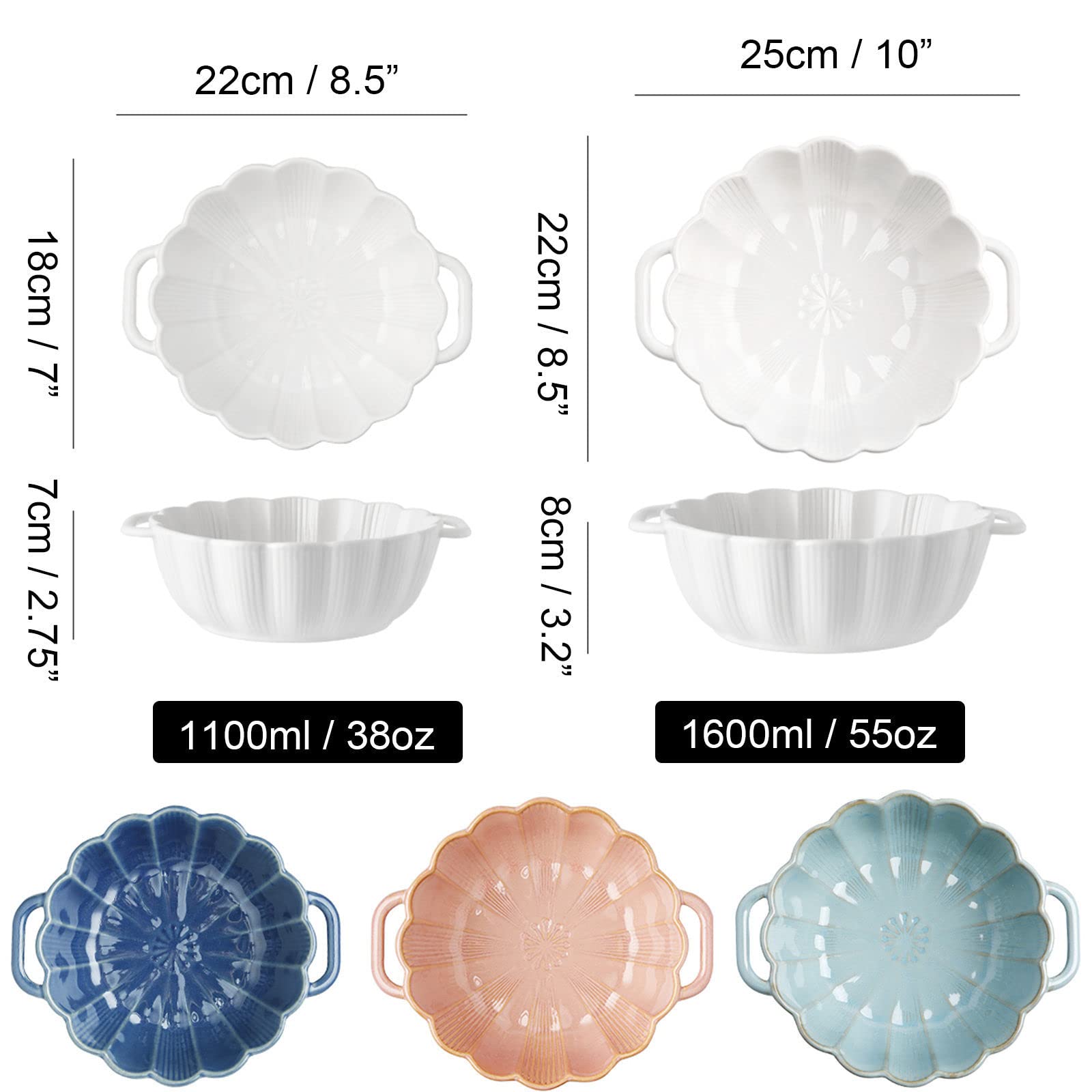 Lasagneform, runder Keramik-Auflauf mit Griff, große Ramen-Schüssel mit Griff, mikrowellen- und ofenfeste Auflaufform, Backform aus Porzellan(White,1100ml)