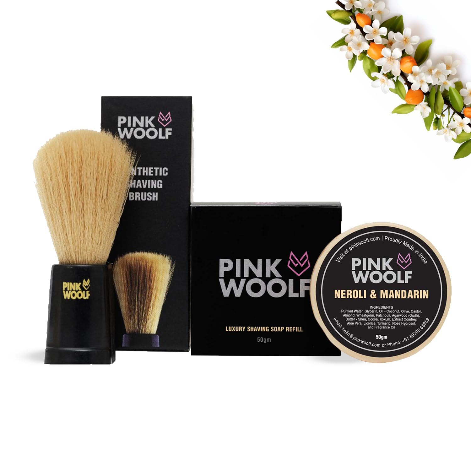 Pink Woolf Velvet Soft Bristle Shaving Brush & Soap Combo | Neroli & Mandarin 50g (REFILL) | Classic Wet Shaving Kit for A Superior Grooming Experience (Pack of 2)