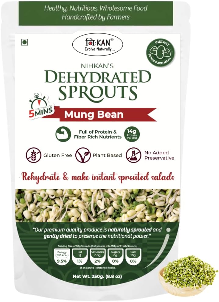 NIHKAN Instant Mung Bean Sprouts - 200g | High Protein, Gluten-Free, Vegan | Ready in minutes | 100% Natural Super Food Snack | Dehydrated Moong Sprouts (Pack Of 1)