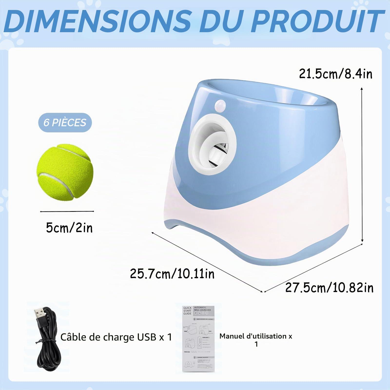 HAMON Lanceur de balles automatique pour chiens, machine à lancer des balles avec 6 balles de tennis, balle interactive pour chiens de petite et moyenne taille, portée de lancer entre 3-9 M