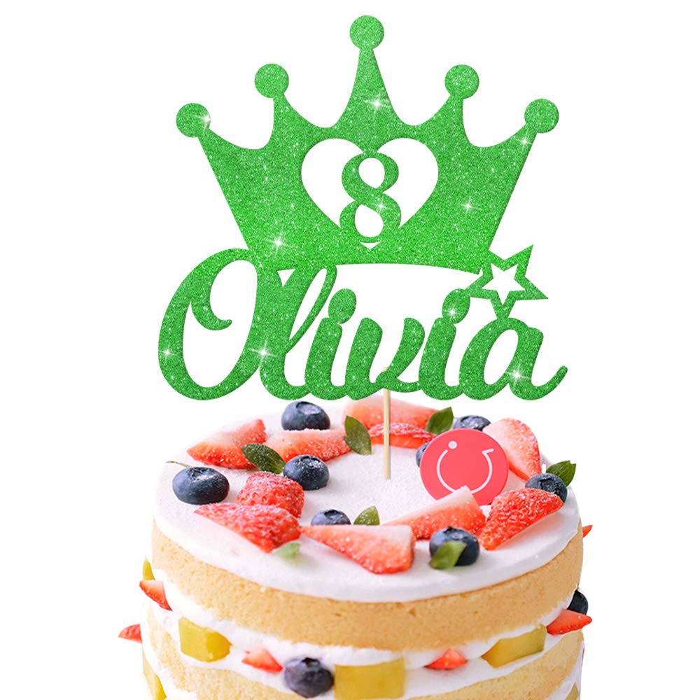 EDSG Personalised Birthday Cake Topper | Custom Crown Cake Decoration with Any Name Any Age 1 3 5 8 | Multicolour Glitter Cake Topper | Green