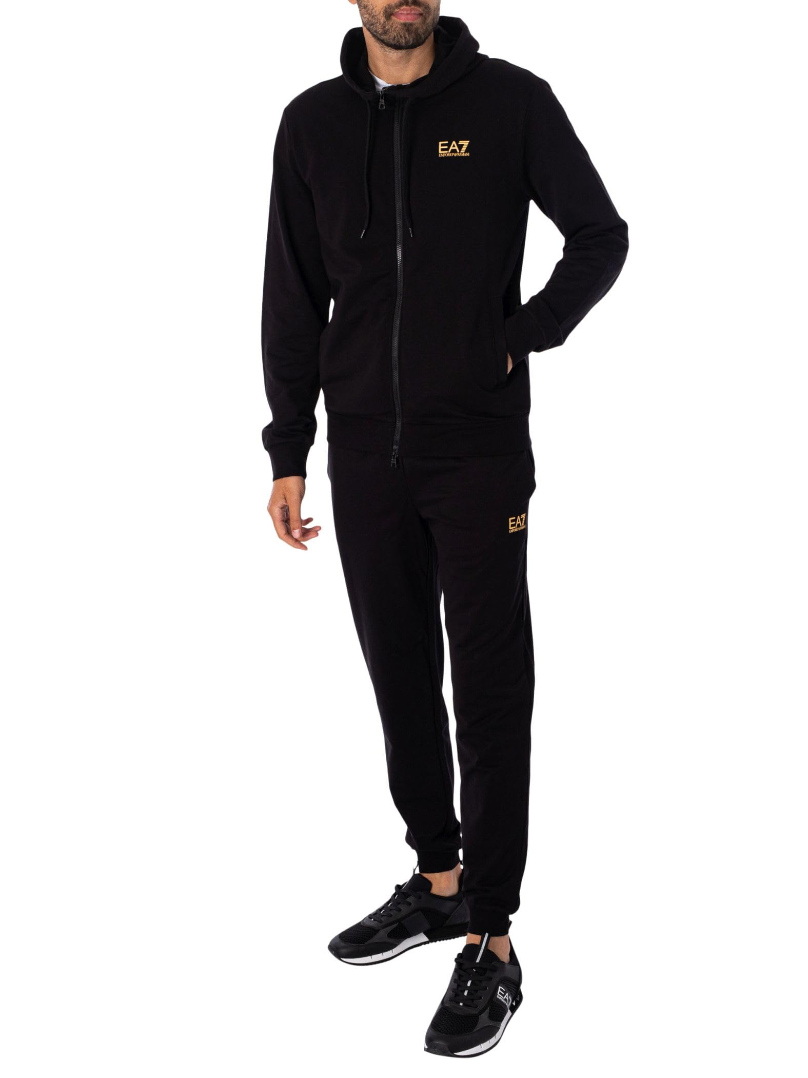 EA7 Men's Hooded Zip-Up Tracksuit, Black/Gold, Black/Gold, XL