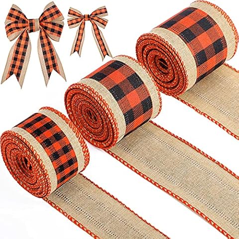 15 Yards/ 3 Rolls Buffalo Plaid Wired Edge Ribbons Christmas Fabric Craft Ribbon with Checkered Plaid Ribbons for Crafts Bows DIY Wrapping Wreath Christmas Decoration 3 Widths (Orange and Black) Cover