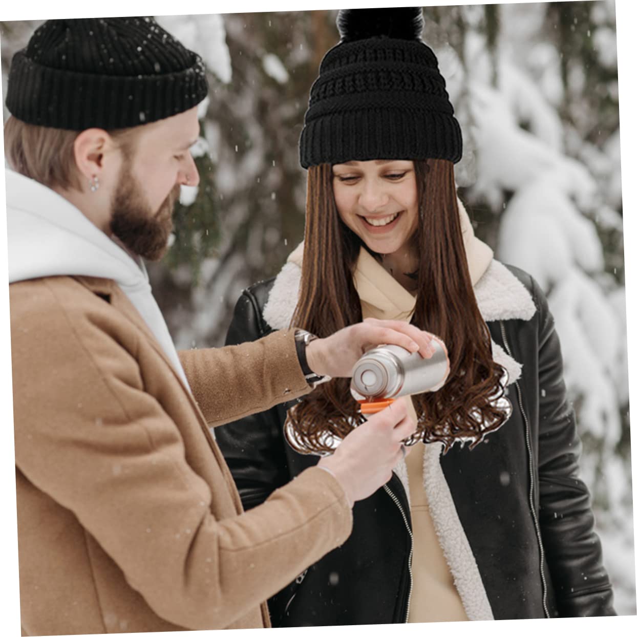 Gorro De Punto Negro Con Peluca Desmontable De Ondas Largas Castañas Cálido Gorro Invierno Con Pompón Ni Costuras Para Mujer Elegante y Protección Contra Frío