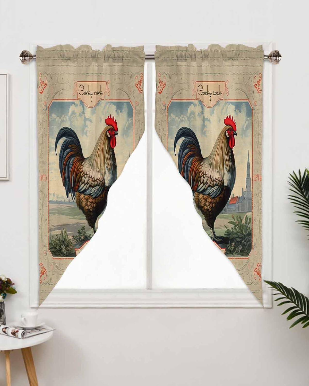 Swag Valance Curtains, Farm Rooster Retro Animal Theme 2 Panel Rod Pocket Kitchen Window Toppers, Short Decor Swag for Living Room Bedroom,28"x36"