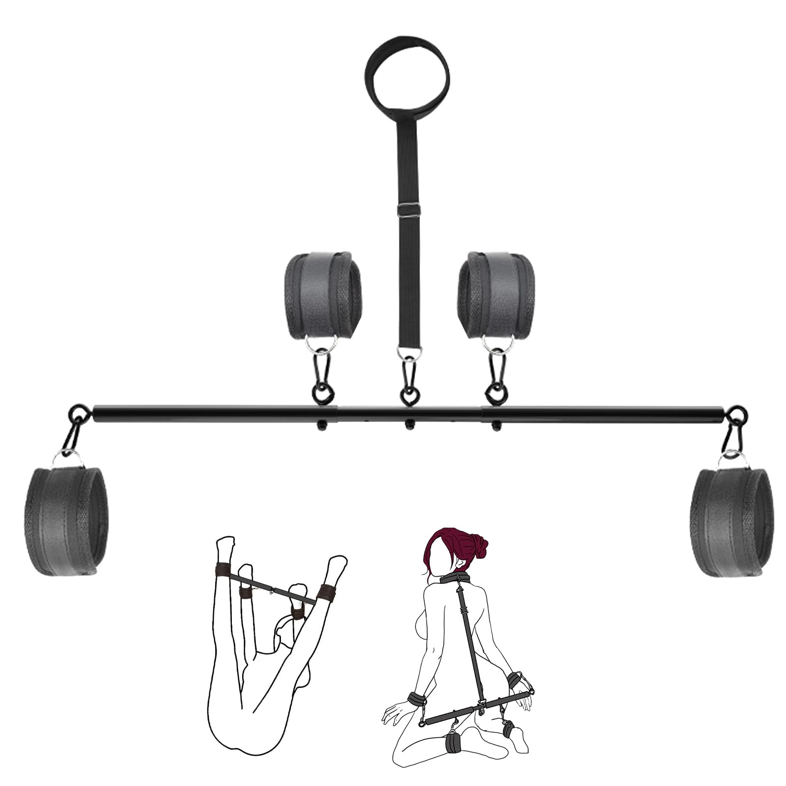 Kit Bondage BDSM – Barre d'Écartement Réglable avec Collier et Menottes – Ensemble de Fessée pour Poignets, Cou et Chevilles – Pour Femmes, Hommes et Couples