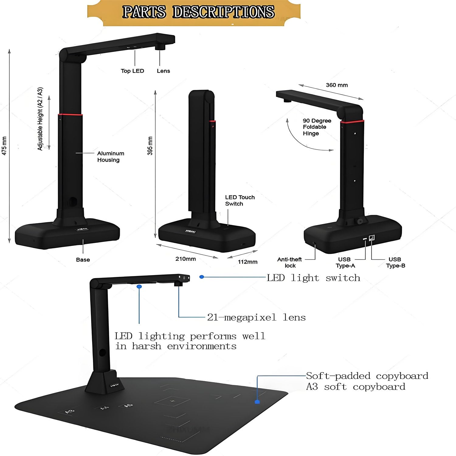 Escáner superior, escáner de libros y documentos de gran formato, cámara de documentos USB de 23 MP con aplanamiento automático, luz LED de alto brillo integrada, compatible con Windows y macOS