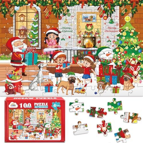 ZMLM Christmas Puzzles for Kids 4-8: Santa’s Gift – 100 Pieces Christmas Jigsaw Puzzle for Kid Children Ages 4 5 6-8 8-10 Years Olds Boys Girls Gifts Learning Educational Puzzle Toy Game