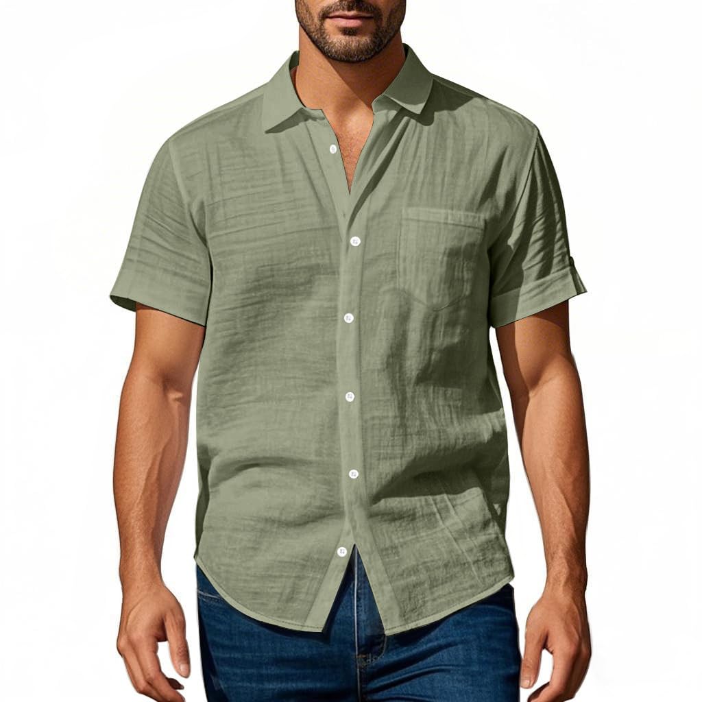 Mens Linen Shirt - Short Sleeve Button Down Collar Solid Casual Shirts with Pocket for Vacation Business