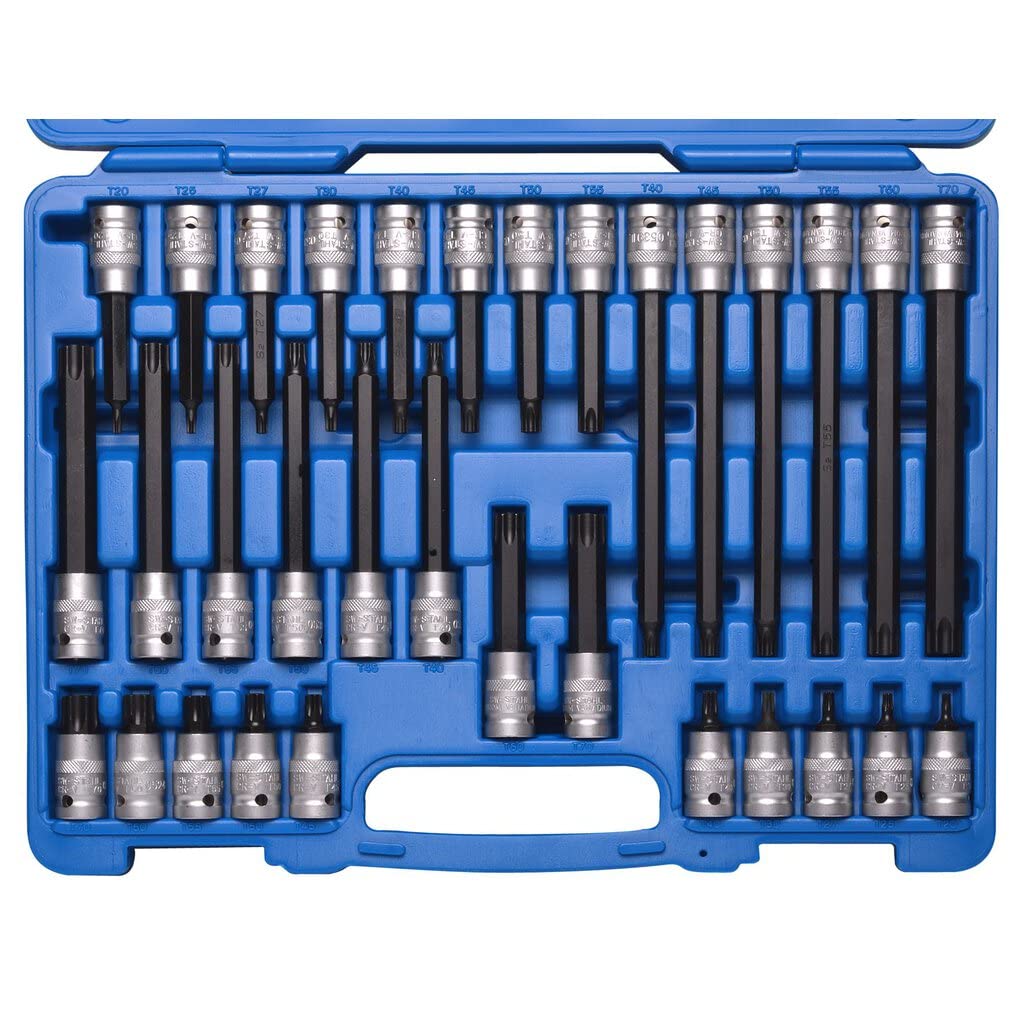 SW-Stahl 04423L Zestaw Kluczy Nasadowych Torx 1/2", Profil T, 32 Elementy | Nasadki wkrętakowe T20-T70 ze stali chromowo-wanadowej, bity krótkie i długie 55-200 mm w walizce, do śrub TX.