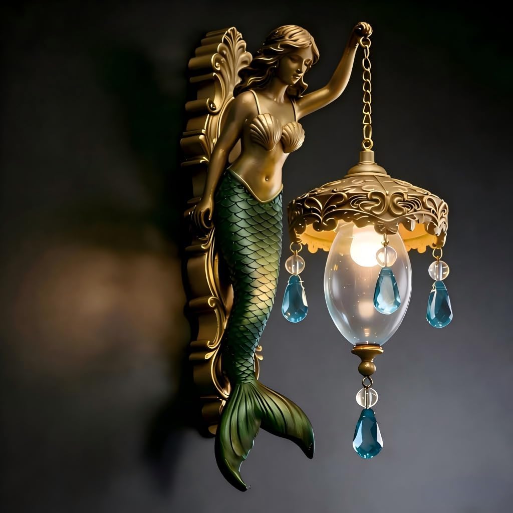 Vintage Mermaid Wall Lamp - Battery Operated Waterproof Sconce, Resin Coastal & Beach Theme Bathroom or Bedroom Decor, Fantasy Bedside Night Light, Housewarming Gift