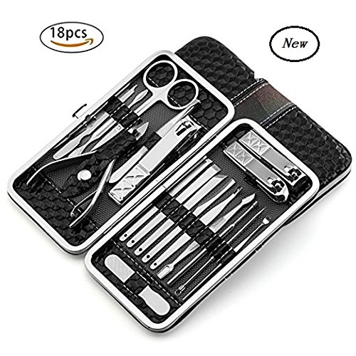 Manicure Pedicure Set Nail Clippers -Weifan 18 In 1 Stainless Steel Professional Pedicure Kit Nail Scissors Grooming Kit with Protable LeatherTravel Case (Black)