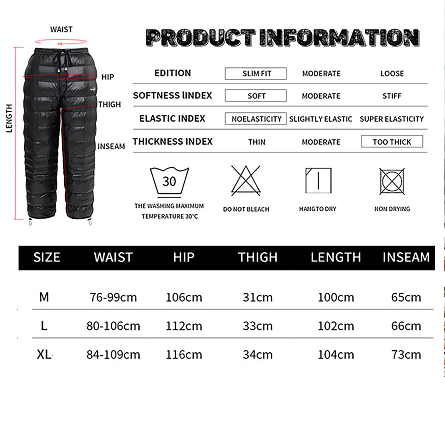 Tentock Winter Down Pants Pantaloni Invernali in Piumino Caldi Pantaloni da Neve Comprimibili Pantaloni Sportivi da Campeggio All'aperto Down Taddea Pants