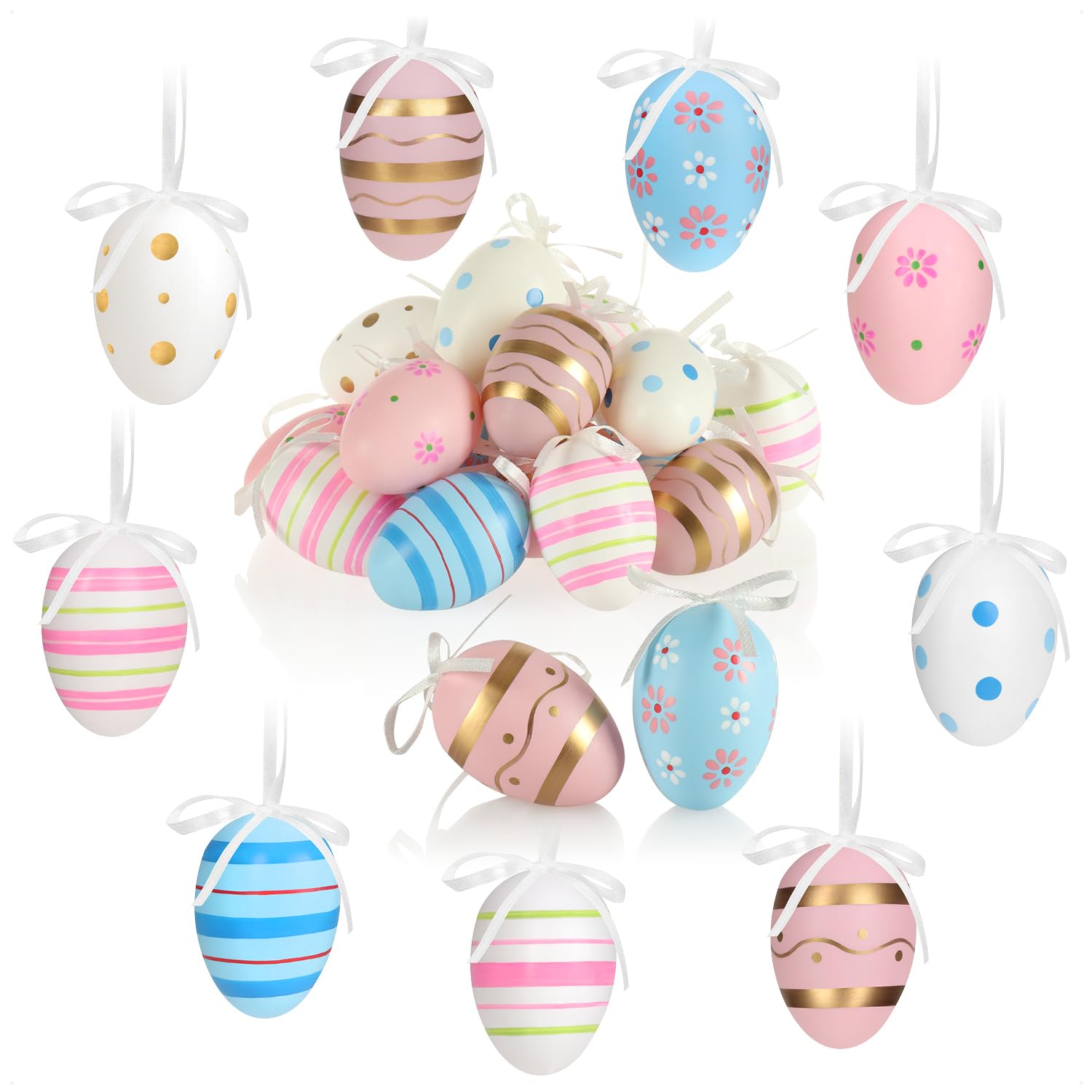 Com-Four Set11 - Pink/Blue/White Com-Four® 18X Easter Eggs To Hang Up - Colorful Easter Eggs With Pattern - Hanging Decoration Made Of Plastic For The Easter Bouquet - Pink,