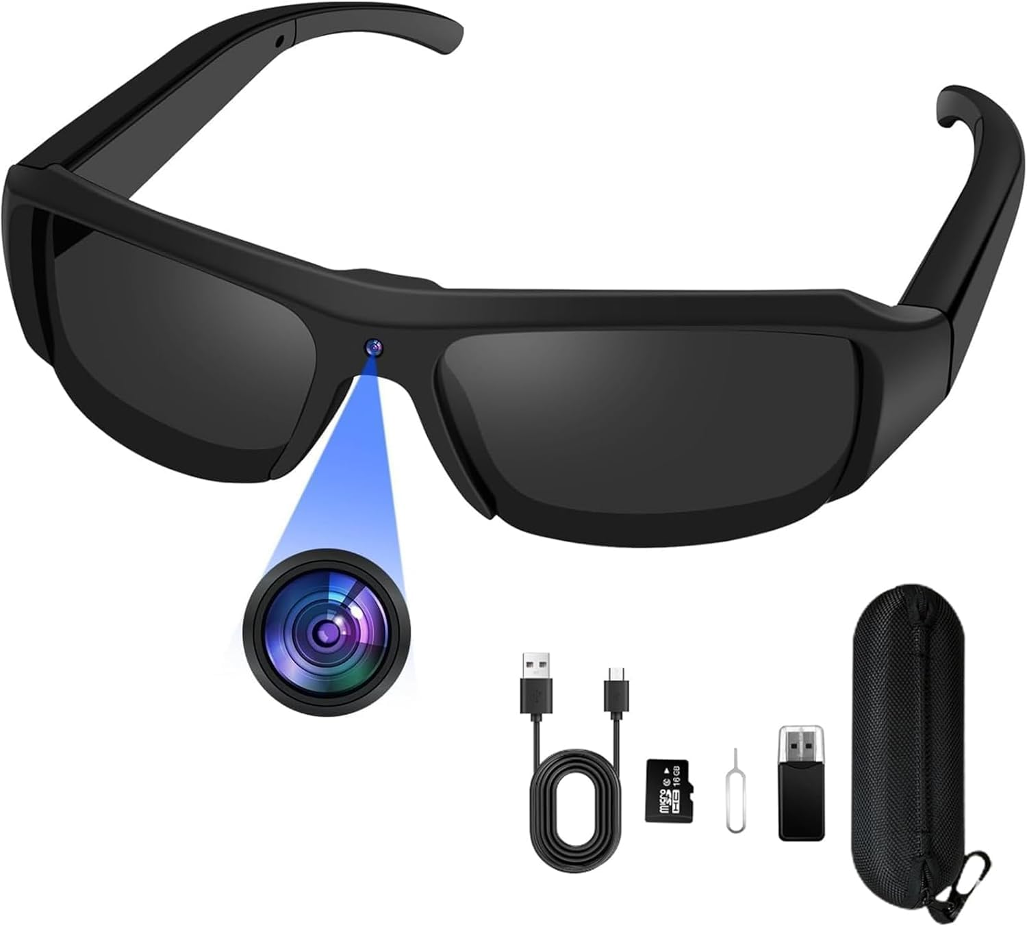 Brille mit Kamera1080P, Mini Action-Cam 16GB Sonnenbrille Polarisiert | 75 Min Aufnahme, Loop-Aufnahme, 256GB MicroSD, IPX5. Ein-Knopf-Bedienung, Für Radfahren Angeln Motorrad