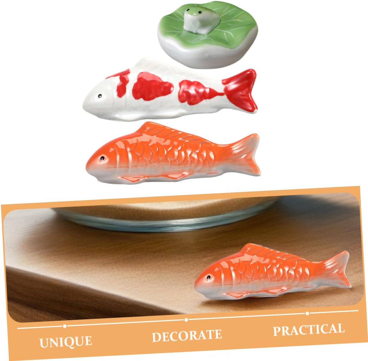 POPETPOP 3pcs Ceramic Koi Fish Floatable Figurines Realistic Floating Fish Aquarium Decorations for Indoor and Outdoor Garden Includes Red Red-Spotted Frog Leaf