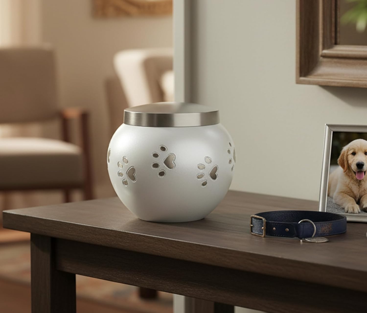 eSplanade Metal Cremation Urn Memorial Jar Pot Container |Standard Size Urn for Funeral Ashes Burial | Round Shape Paws Engraved Metal Urn | White - 4.5" Inches