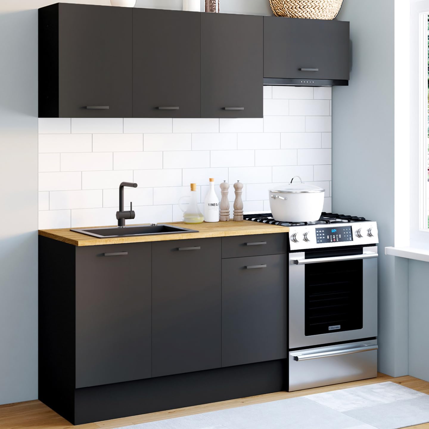 IDMarket - Cuisine complète 180 cm Subtil avec Plan de Travail 5 éléments Noir et Plateaux Bois