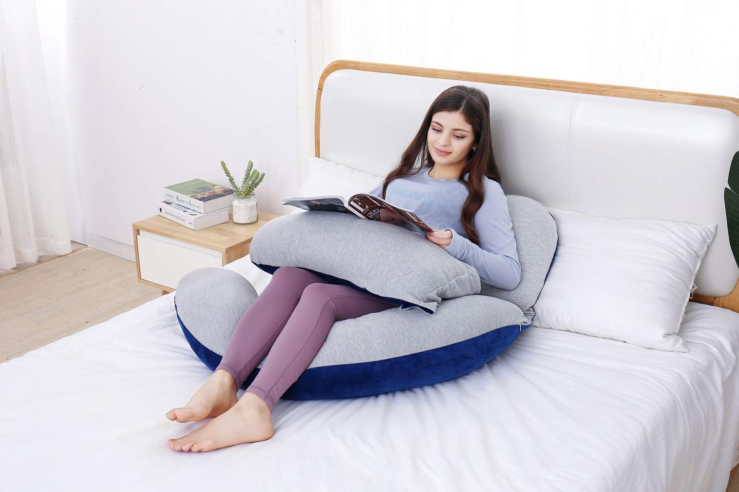 Pulgadas Almohada Maternidad y Embarazo | Almohada Extra Grande en Forma de U con Lado Desmontable, Almohada de Apoyo Independiente y Funda extraíble (Azul,Gris)