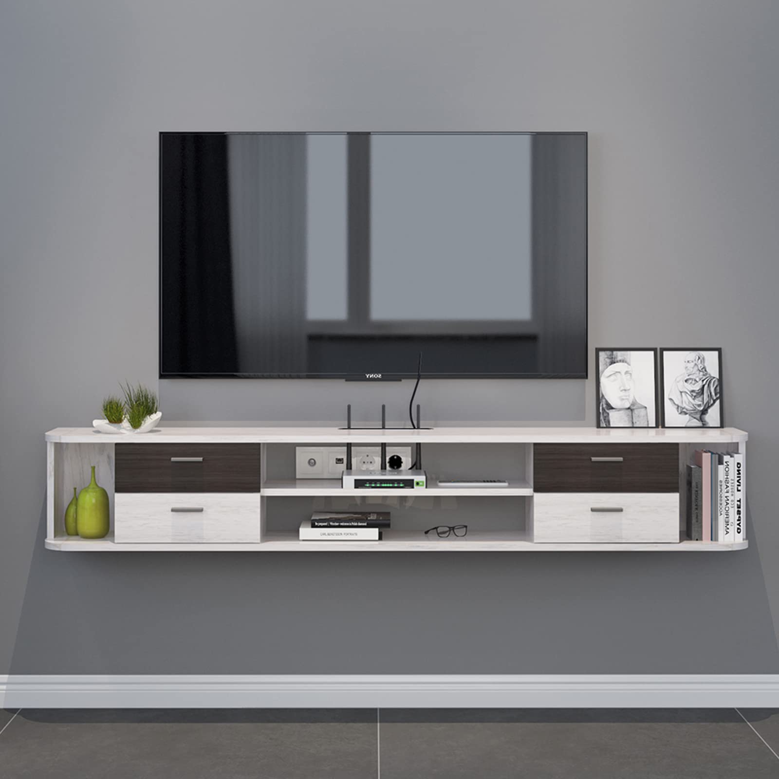Soporte flotante para TV con 4 cajones, consola flotante de 66 pulgadas para montaje en pared, debajo del estante de entretenimiento de TV, gabinete de TV de pared con cajones y gabinetes 2