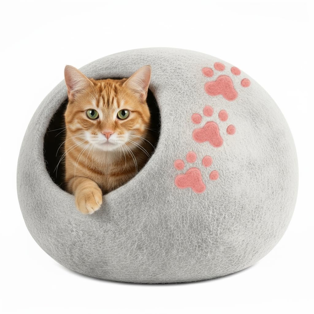 Casa cubierta para gatos Woolygon con lana merino ecológica y camas de fieltro de alta calidad