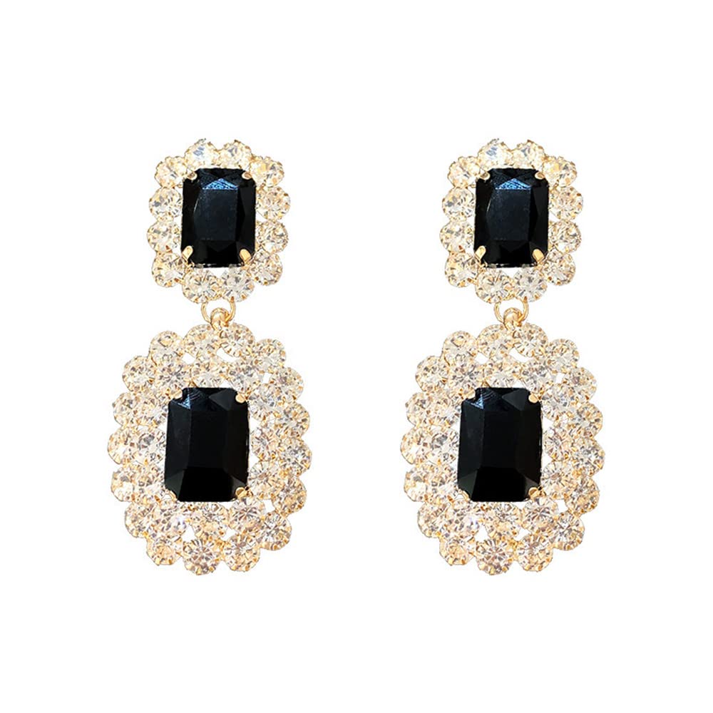AsphinienVintage Geometric Rhinestone Drop Dangle Earrings Black Gemstone Earrings Elegant Long Statement Earrings for Women Wedding Prom Ball Jewelry