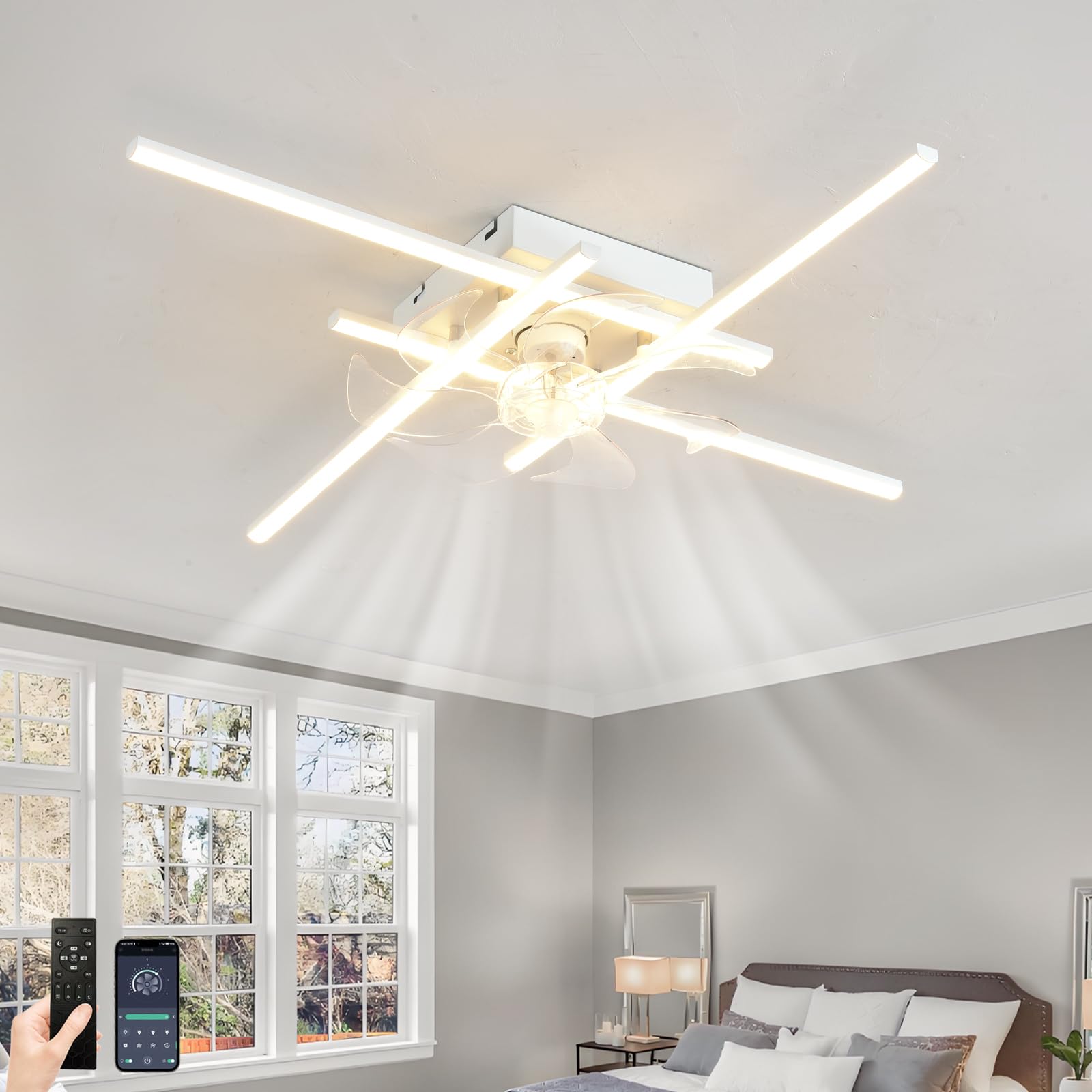 SXDMOUBK Quiet Ceiling Fan with LED Light,6 Speeds,Modern Ceiling Fans with Lights,Timer,Fan Light with Remote Control and APP,Memory,Dimmable for Living Room and Bedroom-White