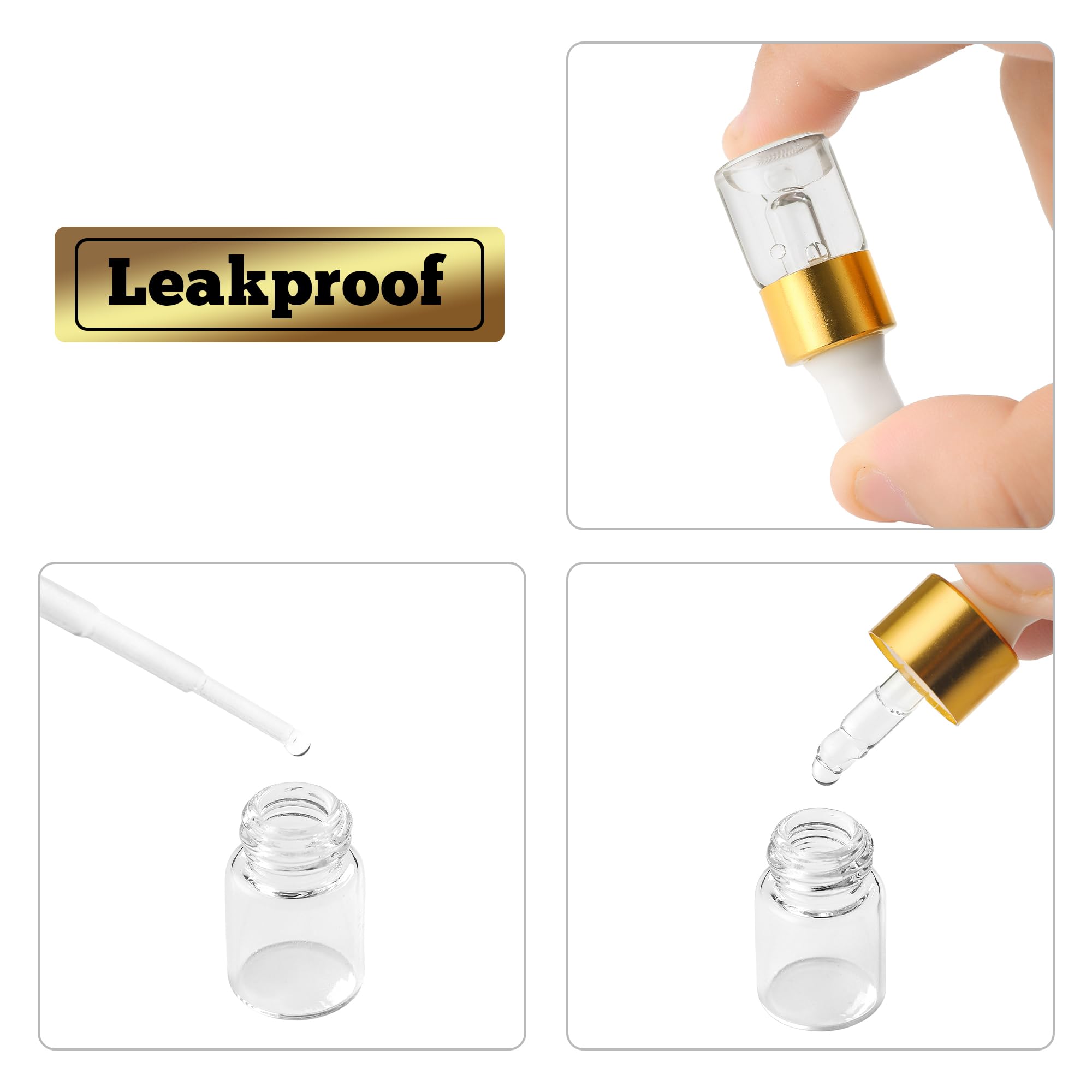 50 szt. mini szklanych buteleczek z kroplomierzem 2 ml – złote zakrętki, idealne na nalewki, olejki eteryczne, perfumy i płyny – z pipetą i lejkiem