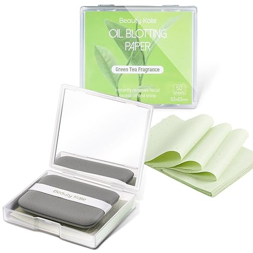 Paquete de 2 hojas de secado de aceite para cara, papel secante de aceite té verde, total de 100 hojas con estuche de espejo portátil y soplo de