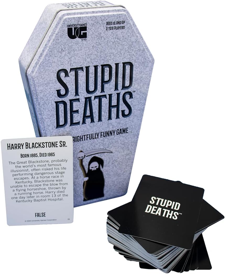 University Games Stupid Deaths Coffin Tin Game, Large, Grey