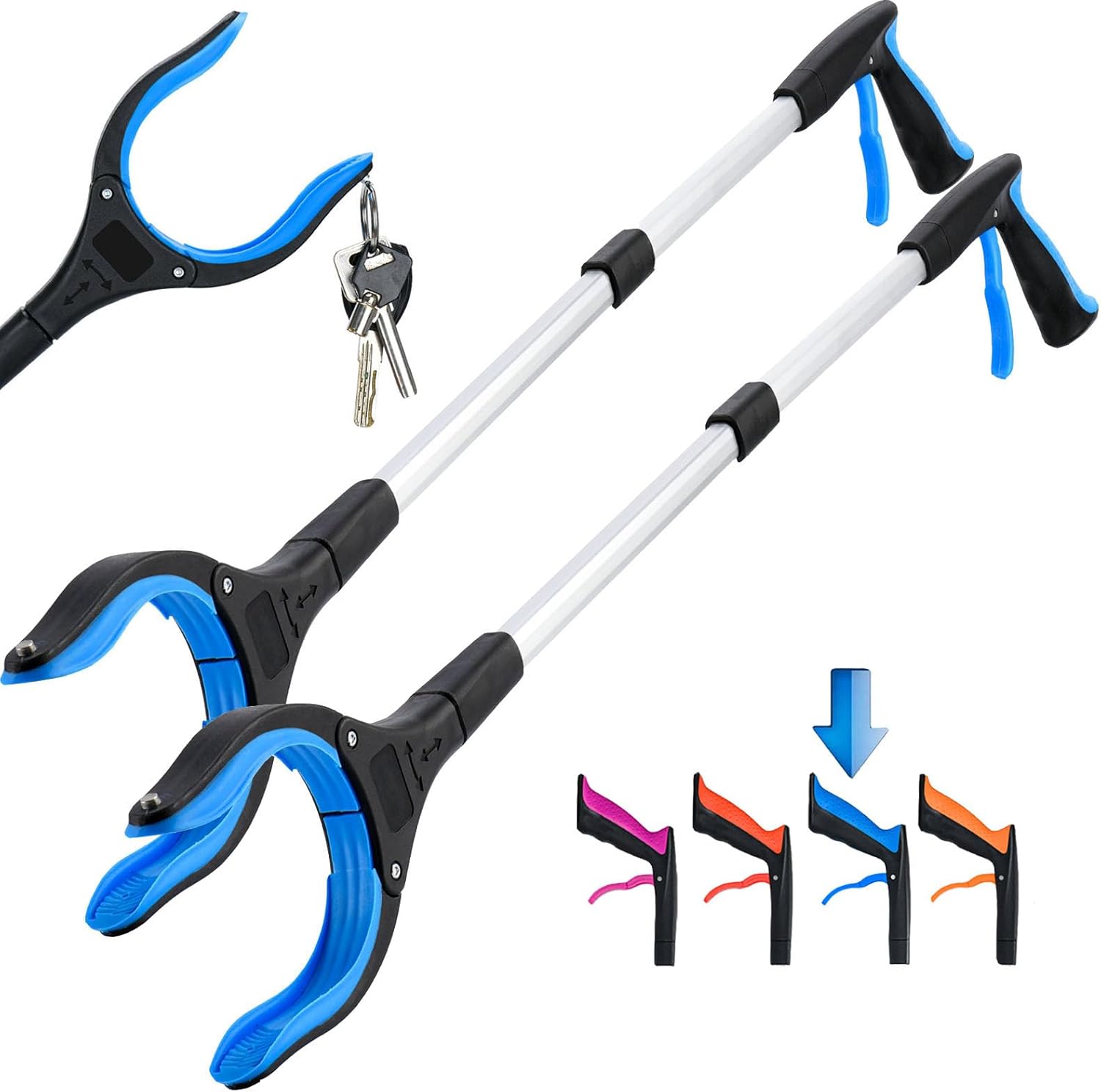 2-Pack Grabber Reacher Tool,32 Inch Extra Long Foldable Pick Up Stick with Strong Grip Magnetic,360&deg;Rotating Anti-Slip Jaw,Trash Claw Grabber Tool,Trash Picker Tool for Outdoor &amp; Indoor Blue