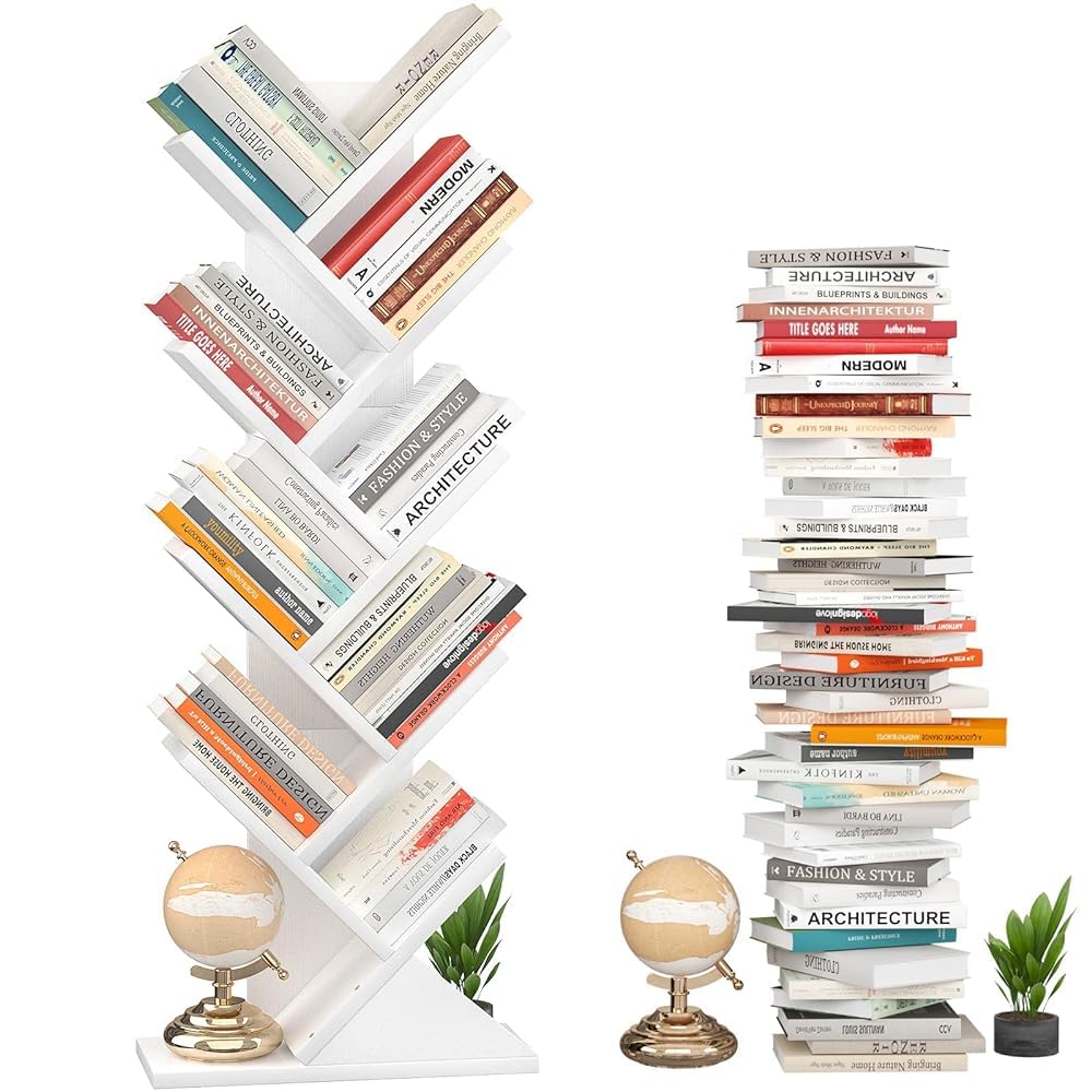 iSunirm 9-Tier Tree Bookshelf, Floor Standing Bookcase, Modern Wood Book Shelf for Bedroom, Living Room, Home Office, 38x20x125cm, White