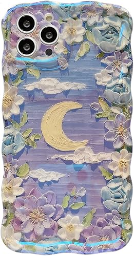 Funda para iPhone 13 Pro, lindo diseño de borde ondulado transparente IMD con flores de patán, duradera, a la moda, retro, de silicona, funda