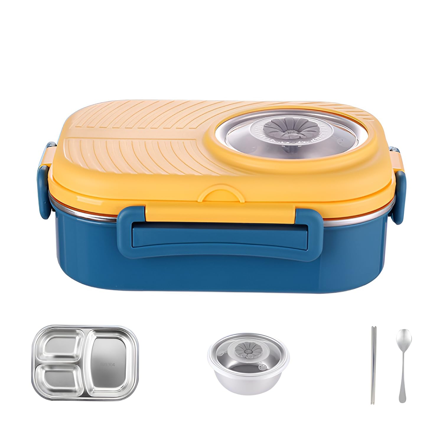 Accmuzzy 1100ml/38.7Oz Stainless Steel Lunch Container with Compartments, Salad Food Storage Box for Hot Food, Meal Prep Container with Cutlery Insulated Design (Blue&Yellow) — image 1
