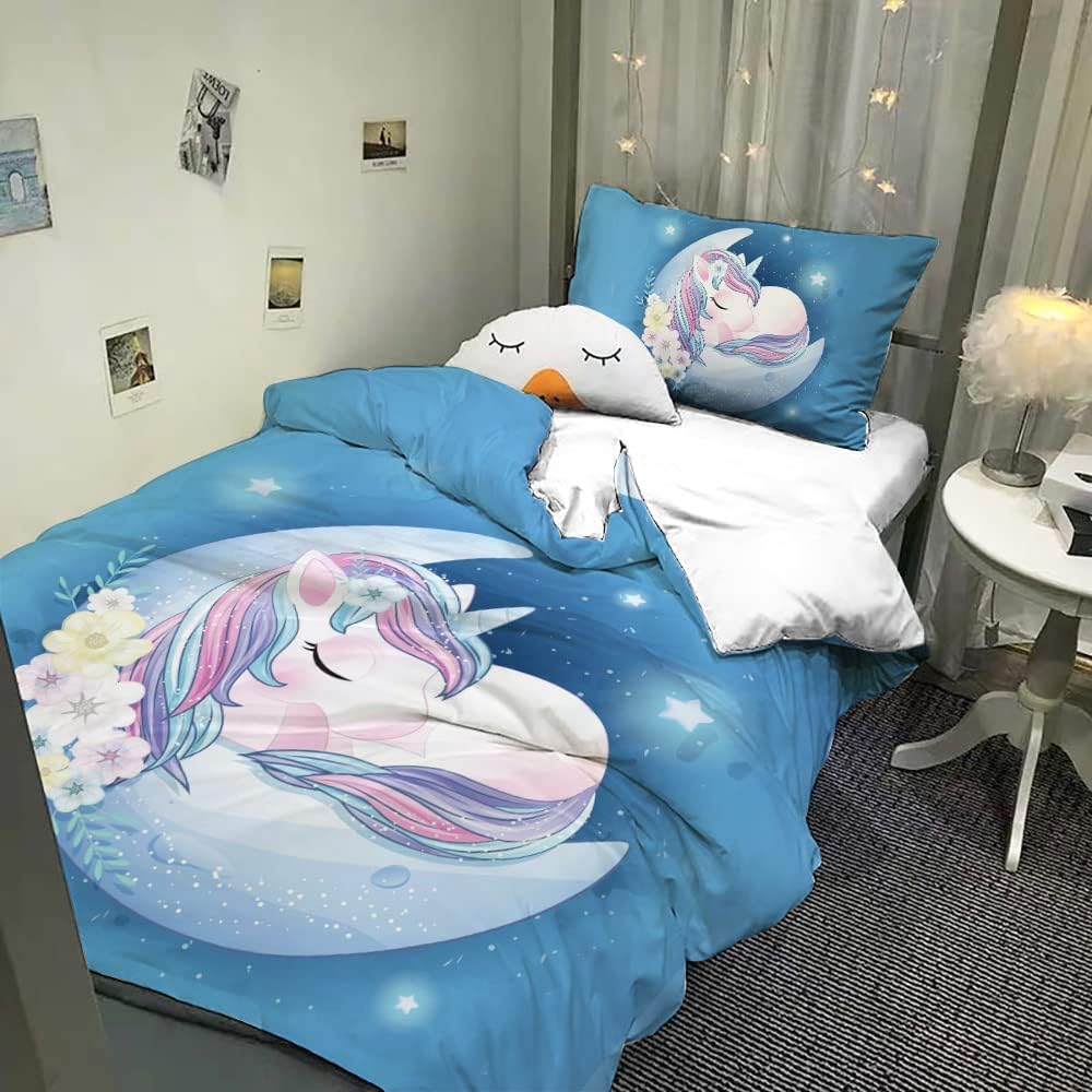 Copripiumino Singolo Bambina 135x200cm, Blu Arcobaleno Unicorno Motivo Microfibra Biancheria da letto - Copripiumino 135x200 e 1 Federa 50X75cm