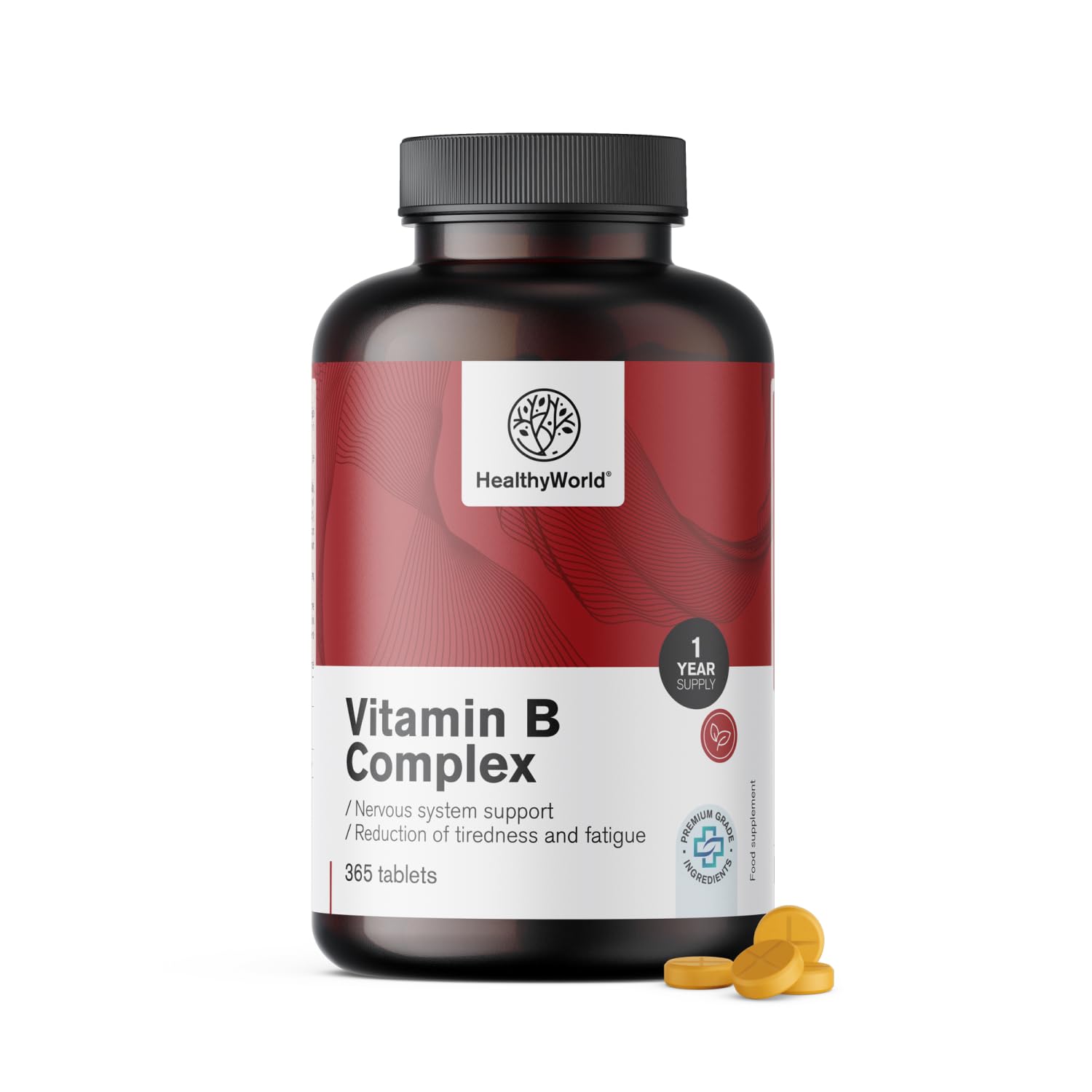 HealthyWorld® Vitamine B-complex - 365 compresse - Scorta Annuale - 8 vitamine del gruppo B - B1 B2 B3 B5 B6 B7 B9 B12 - Aumento di Energia, contro la Stanchezza - Supporto Completo del Corpo