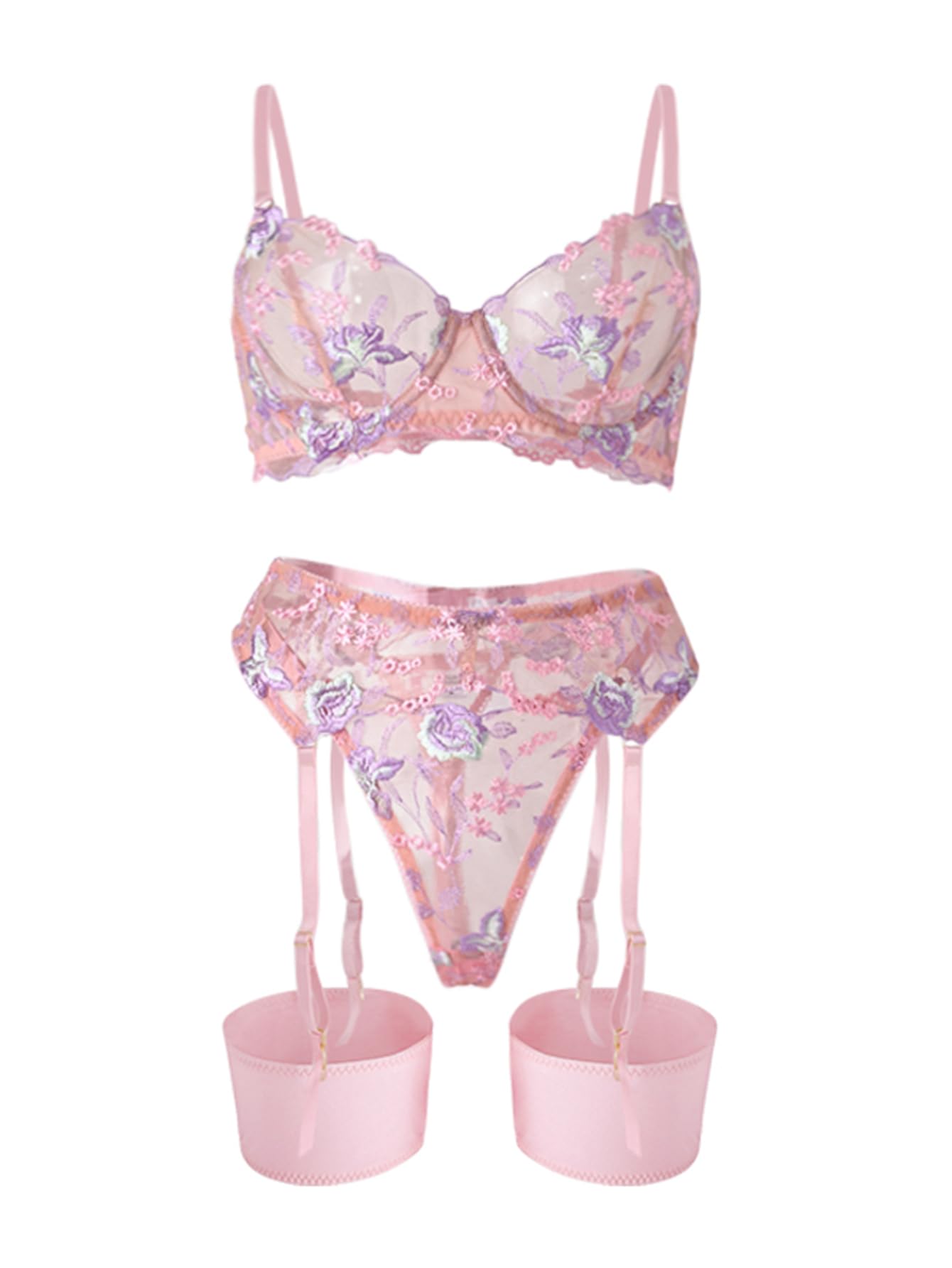 Lilosy Sexy Leaf Floral Embroidered Mesh Sheer Belt Women Underwire Push Up Lingerie Set See Through Bra Panty 3 Piece Bloom Light Pink Medium