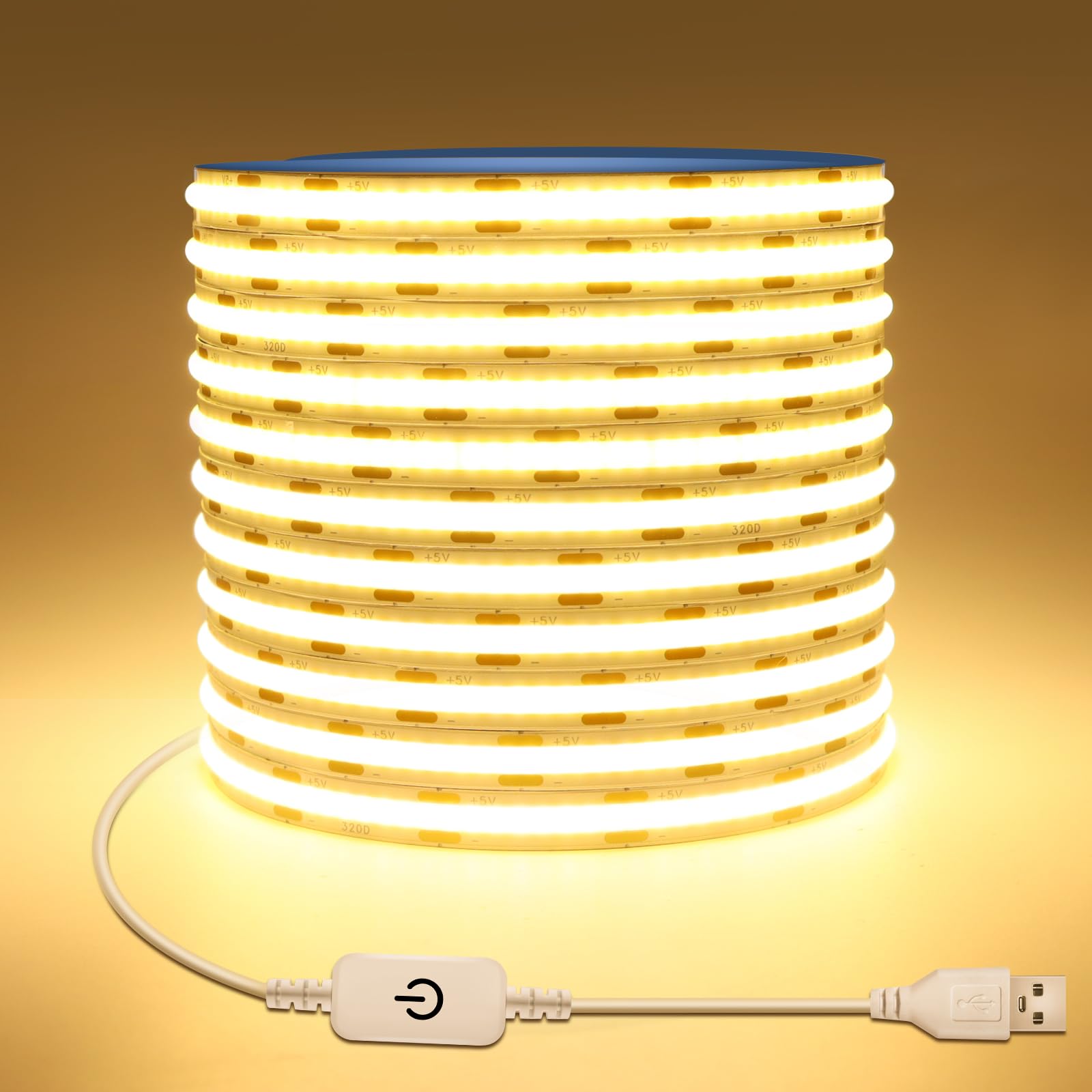 COB LED Strip Light 5V USB 6.56ft/2m 640LEDs Dimmable LED Strip Light 3000K Warm White CRI85+ Flexible Led Tape Light for Bedroom,Cabinet,Kitchen,Home DIY Lighting