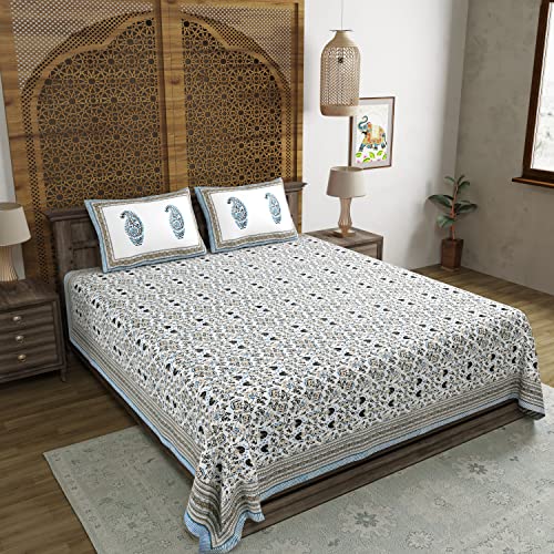 Image of BLOCKS OF INDIA Hand Block Printed 200 TC Cotton King Size Bedsheet (Grey Brown Jaal)